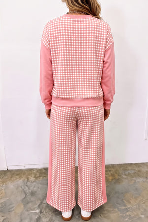 white lounge set featuring drawstring waist and gingham