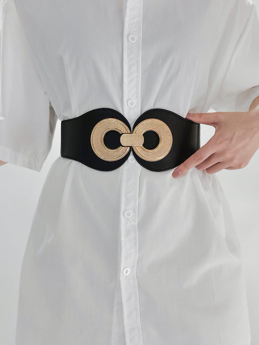 Black cincher belt with gold interlocking circles detail.