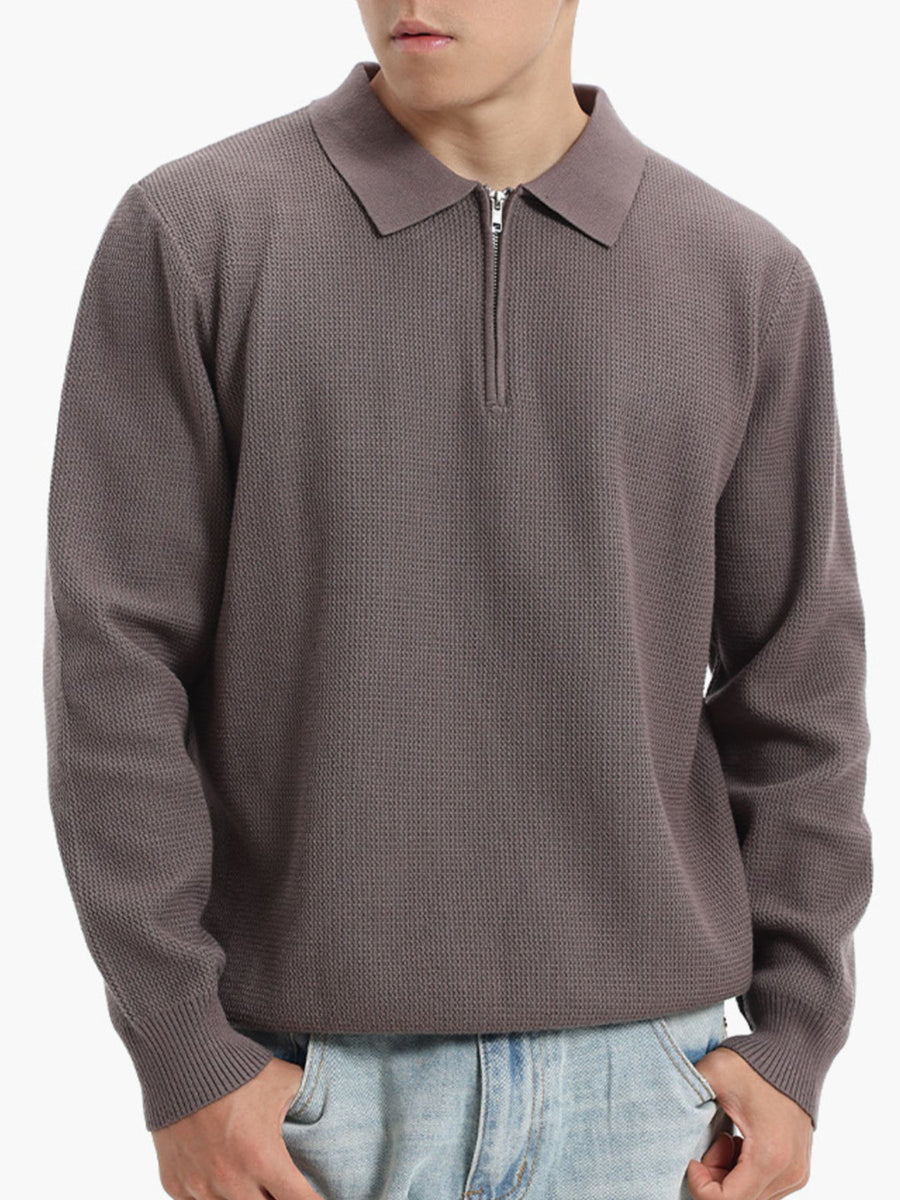 Dark Green pullover sweater with hip-length and quarter-zip