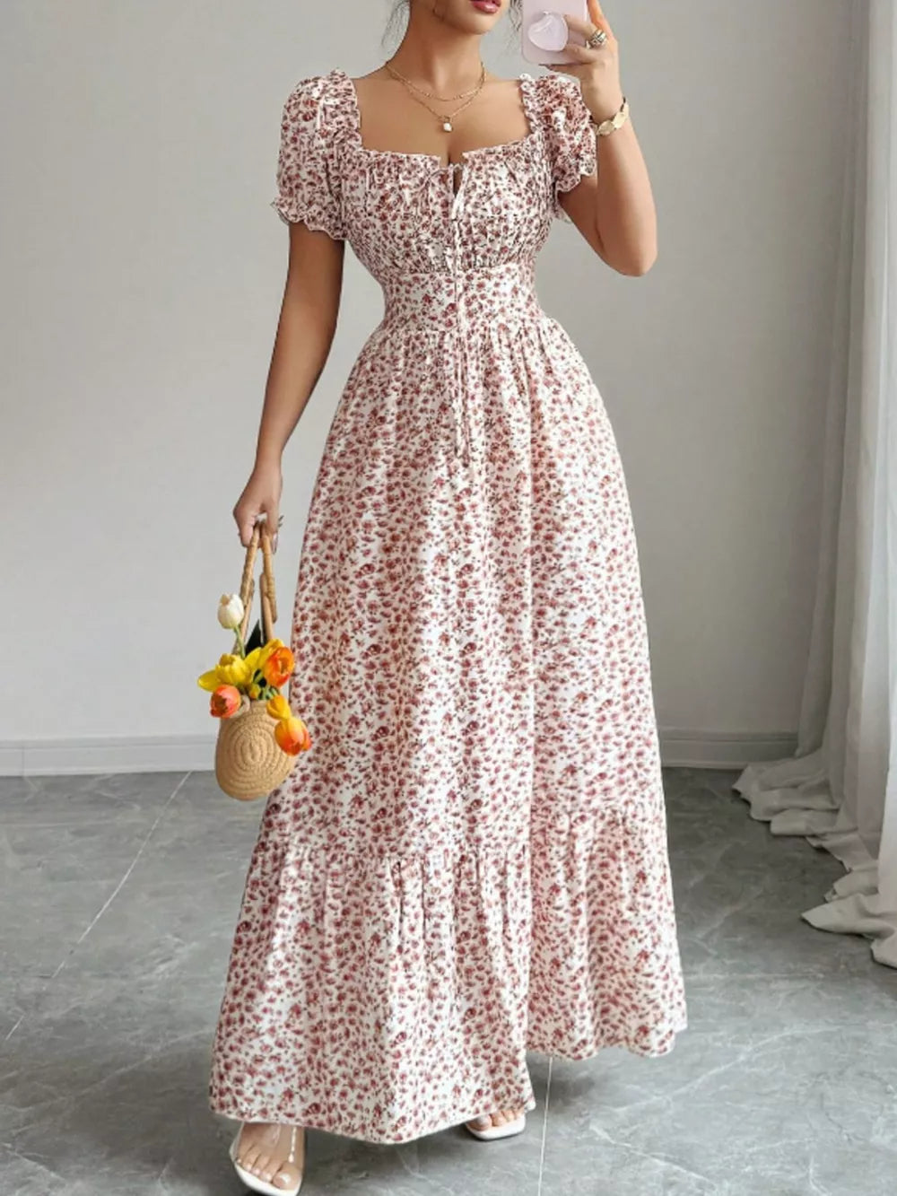 Red Floral Print Puff Sleeve Maxi Dress