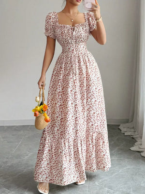 Red Floral Print Puff Sleeve Maxi Dress