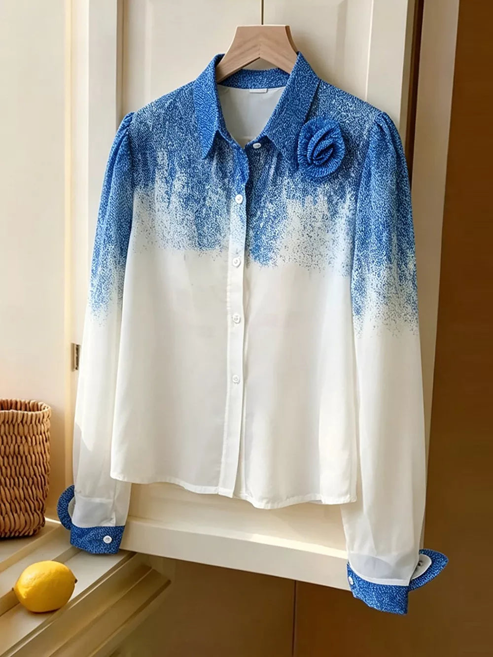 white button-up shirt featuring collared and ombre