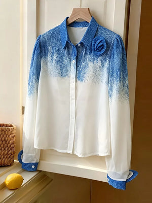white button-up shirt featuring collared and ombre