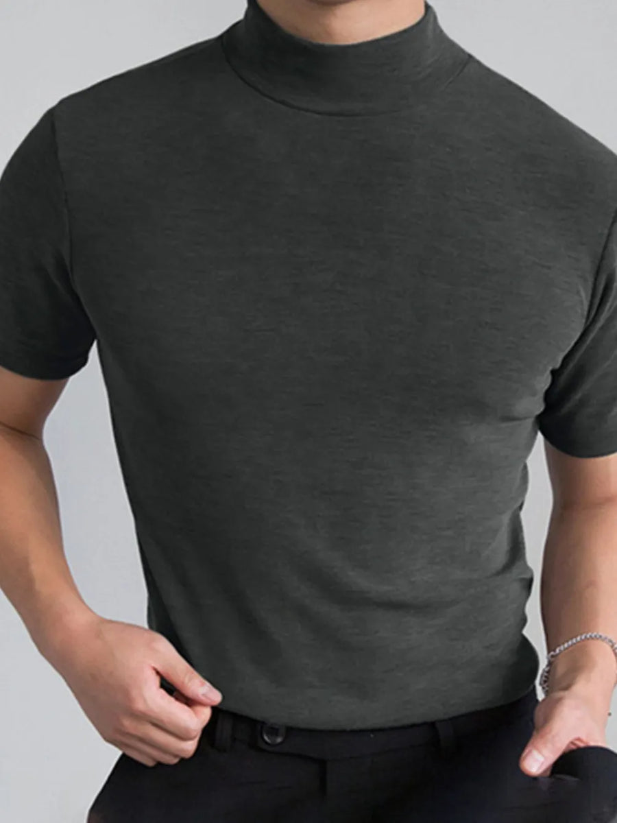 Dark gray short sleeve mock neck t-shirt with a sculpted fit.