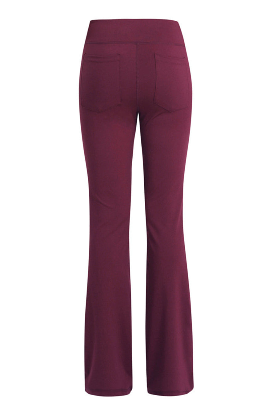 Burgundy flare-leg performance trousers with back pockets.