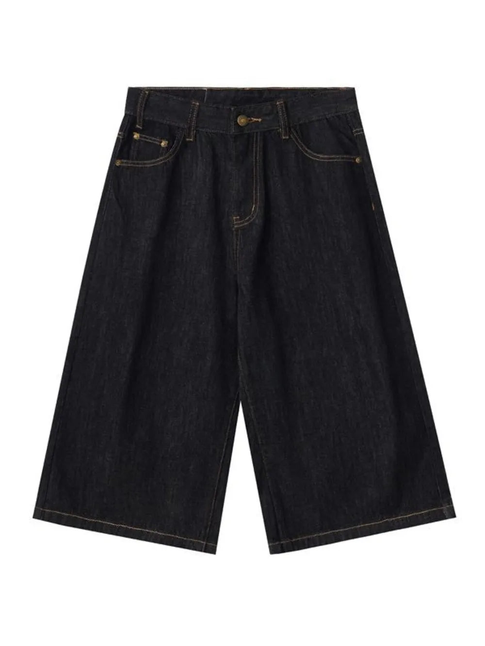 Men's black relaxed fit denim shorts with classic five-pocket styling and contrast stitching.