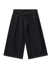 Men's black relaxed fit denim shorts with classic five-pocket styling and contrast stitching.