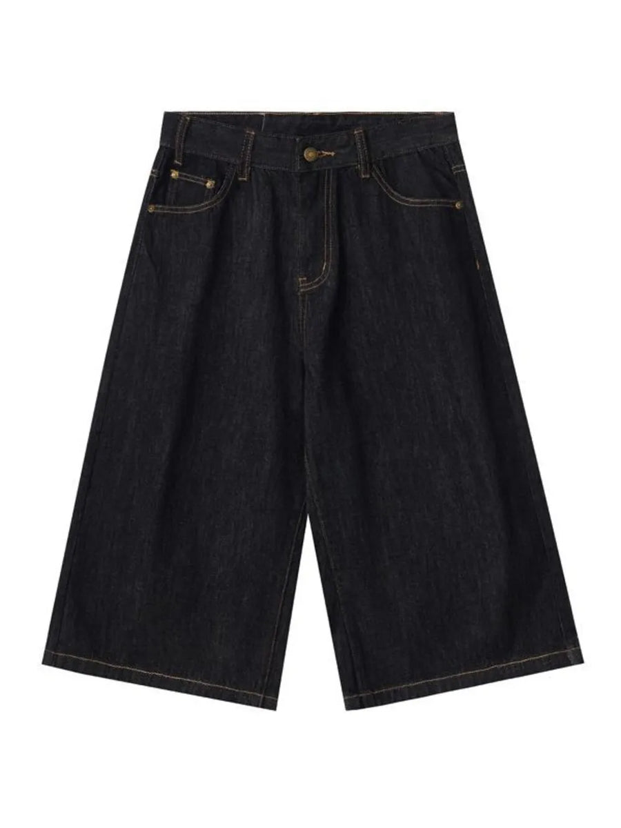 Men's black relaxed fit denim shorts with classic five-pocket styling and contrast stitching.
