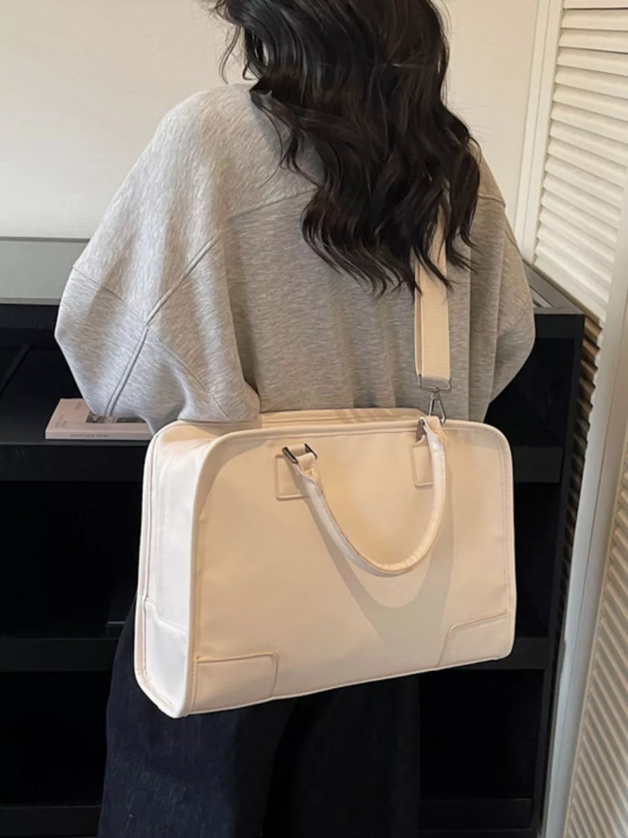 Cream pu leather travel bag with top handles and adjustable strap