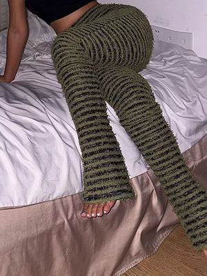 Striped Fuzzy Knit Pants in Fluorescent Green