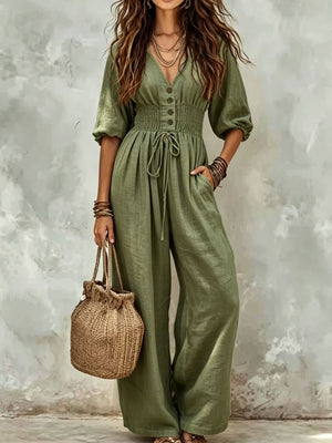 Black wide-leg jumpsuit with v-neck