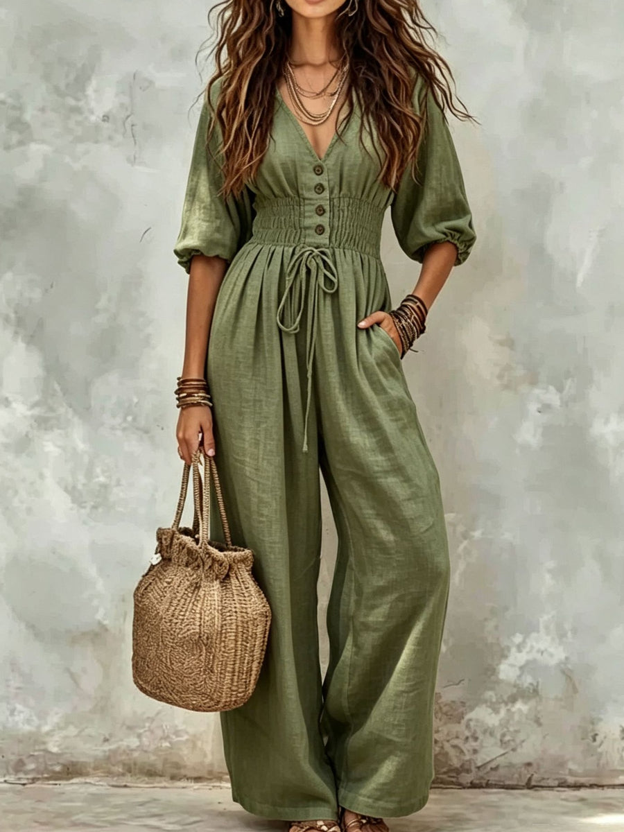 Black wide-leg jumpsuit with v-neck