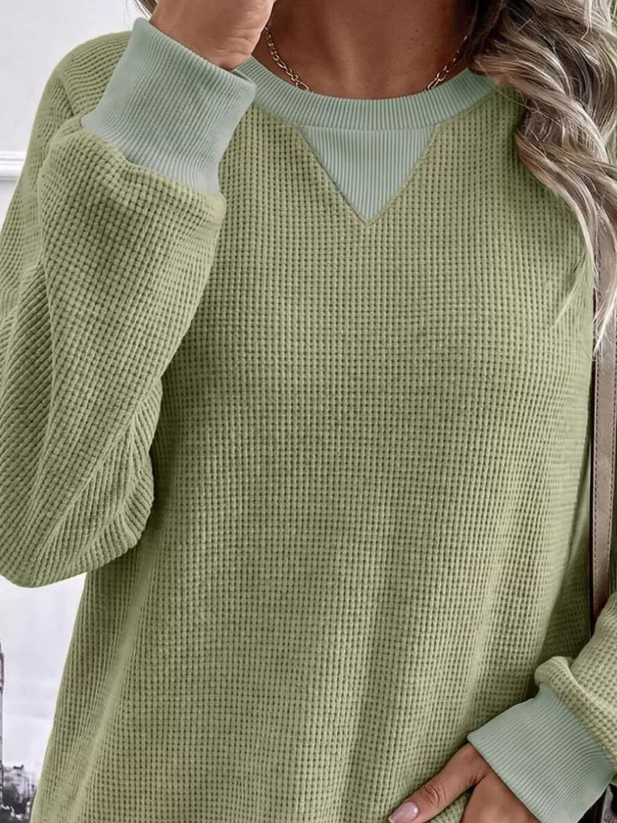 sweatshirt in Green with waffle knit and hip-length