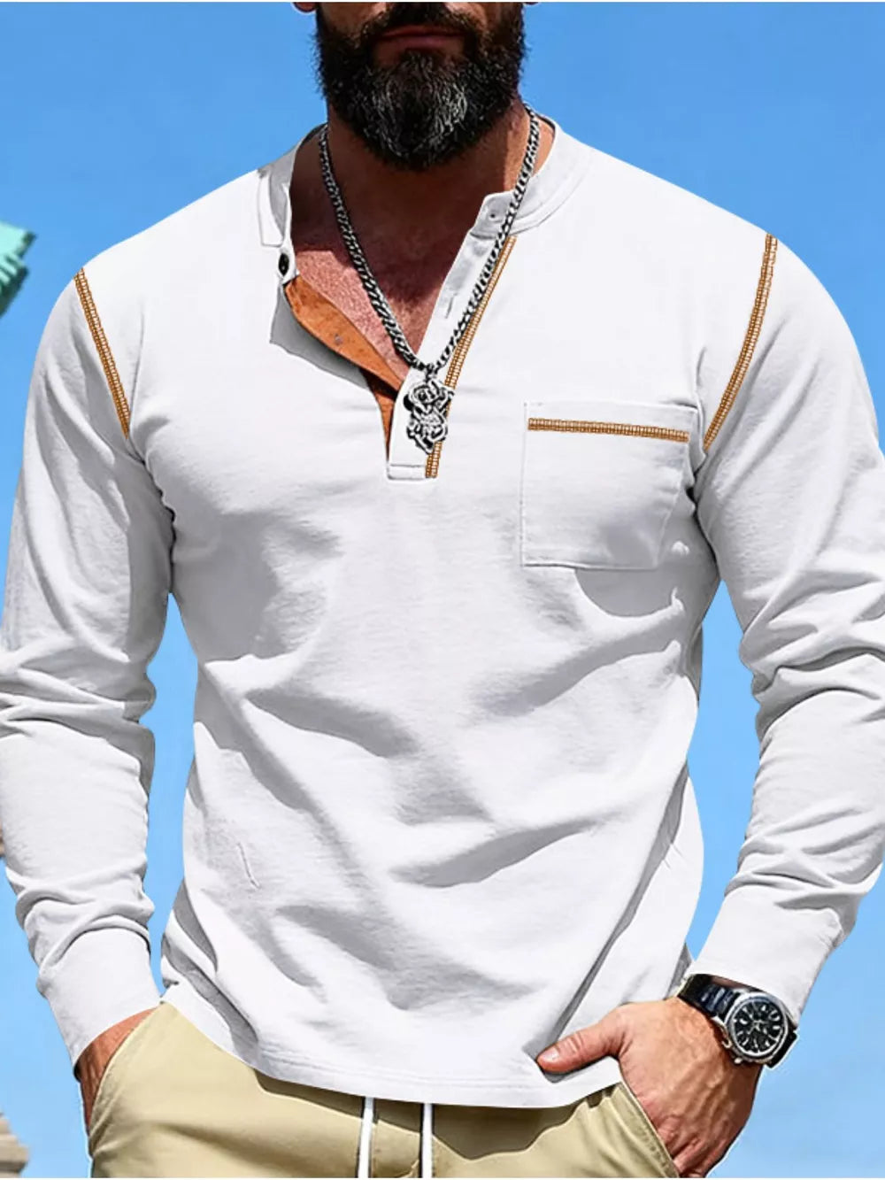 White long sleeve henley t-shirt with pocket detail and contrast stitching