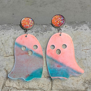 Ghostly iridescent acrylic dangle earrings in Style A with glitter studs.