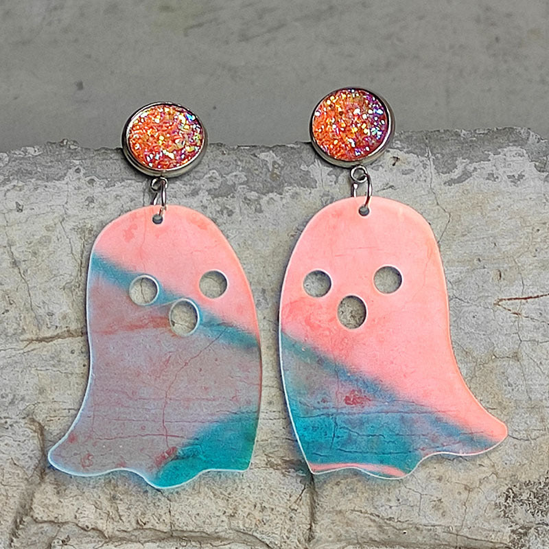 Ghostly iridescent acrylic dangle earrings in Style A with glitter studs.