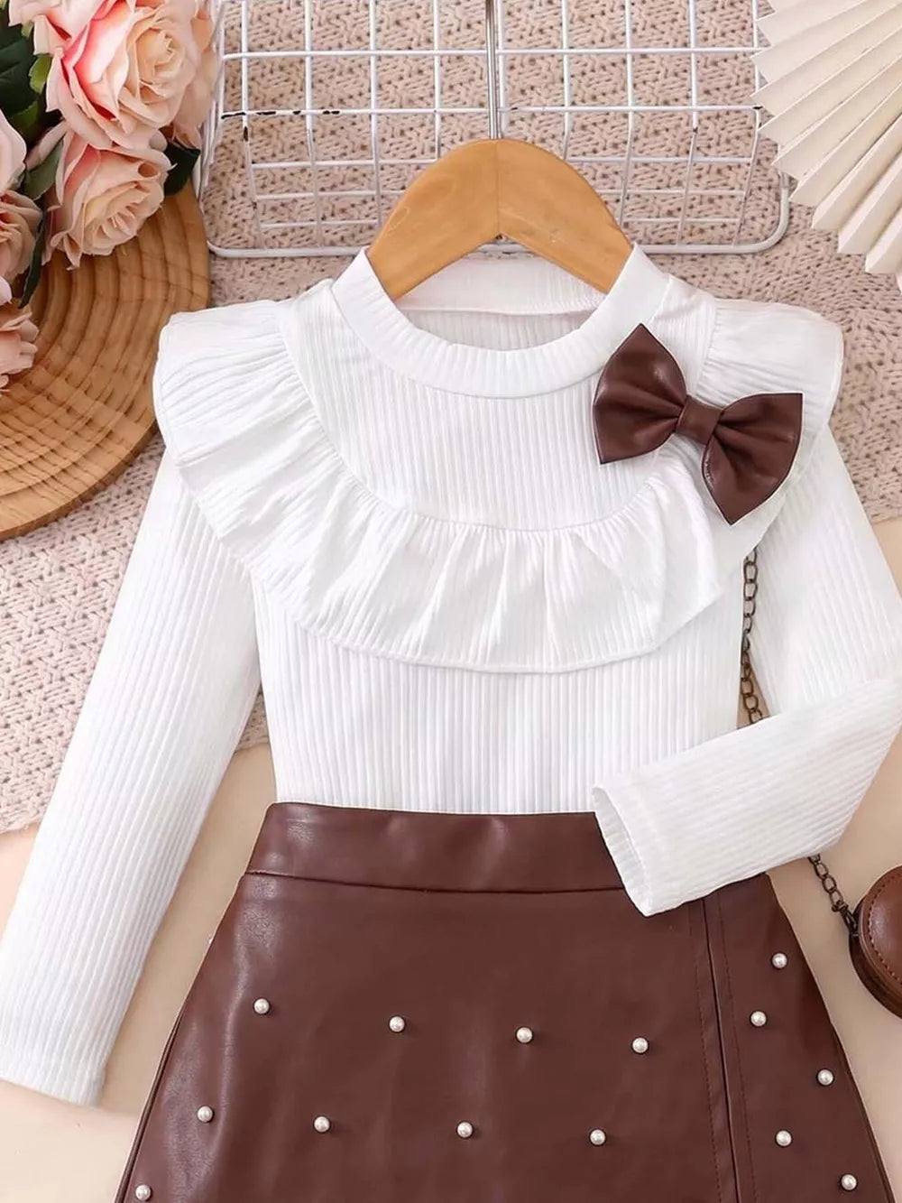 Children's Ruffled Long Sleeve Top And Skirt Set in White