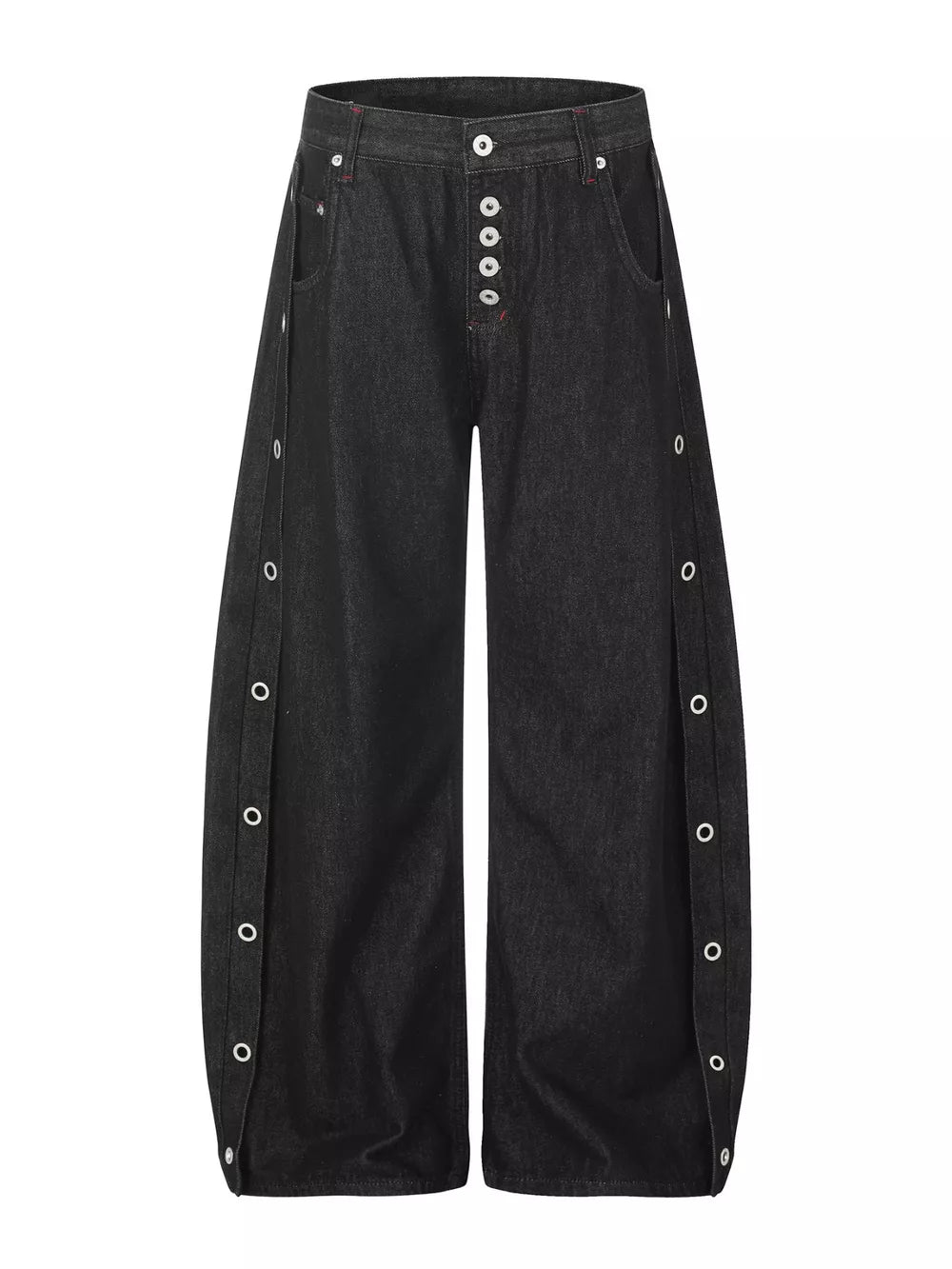 wide-leg jeans in charcoal featuring button fly and flared fit