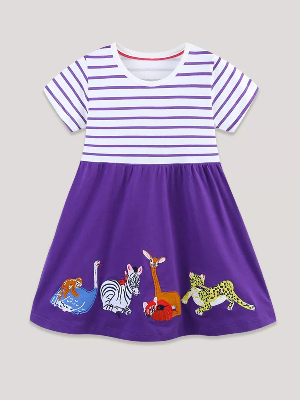 Toddler purple cotton blend dress with purple stripes and embroidered animals on hem