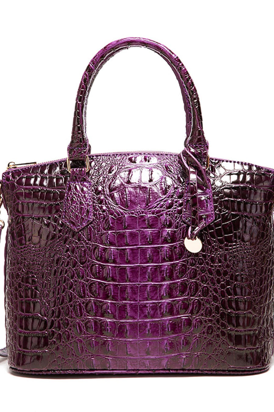 Deep purple crocodile embossed satchel with top handles and shoulder strap.