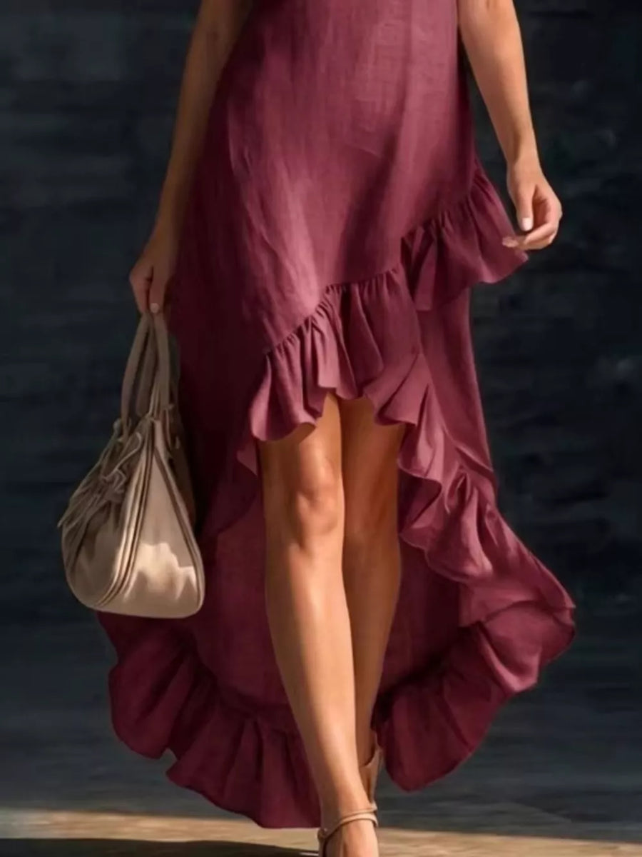 Cream White Full Size V-neck Ruffle Hem High-low Dress