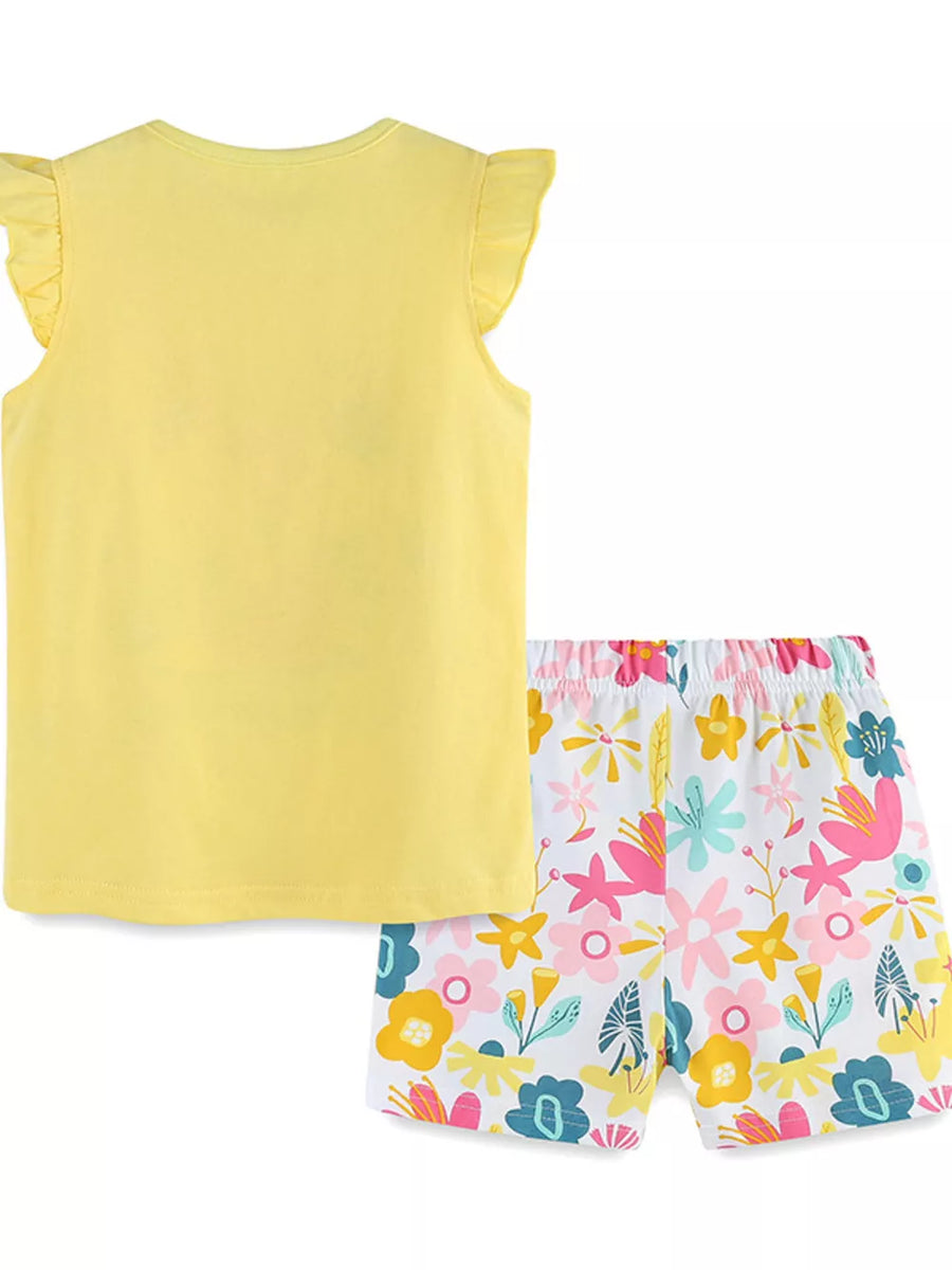 Toddler yellow cotton blend set with ruffled sleeves and floral print shorts.