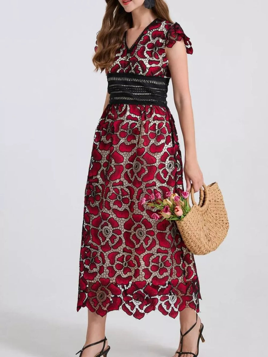 Burgundy floral lace midi dress with V-neck, black waistband, and short flutter sleeves.