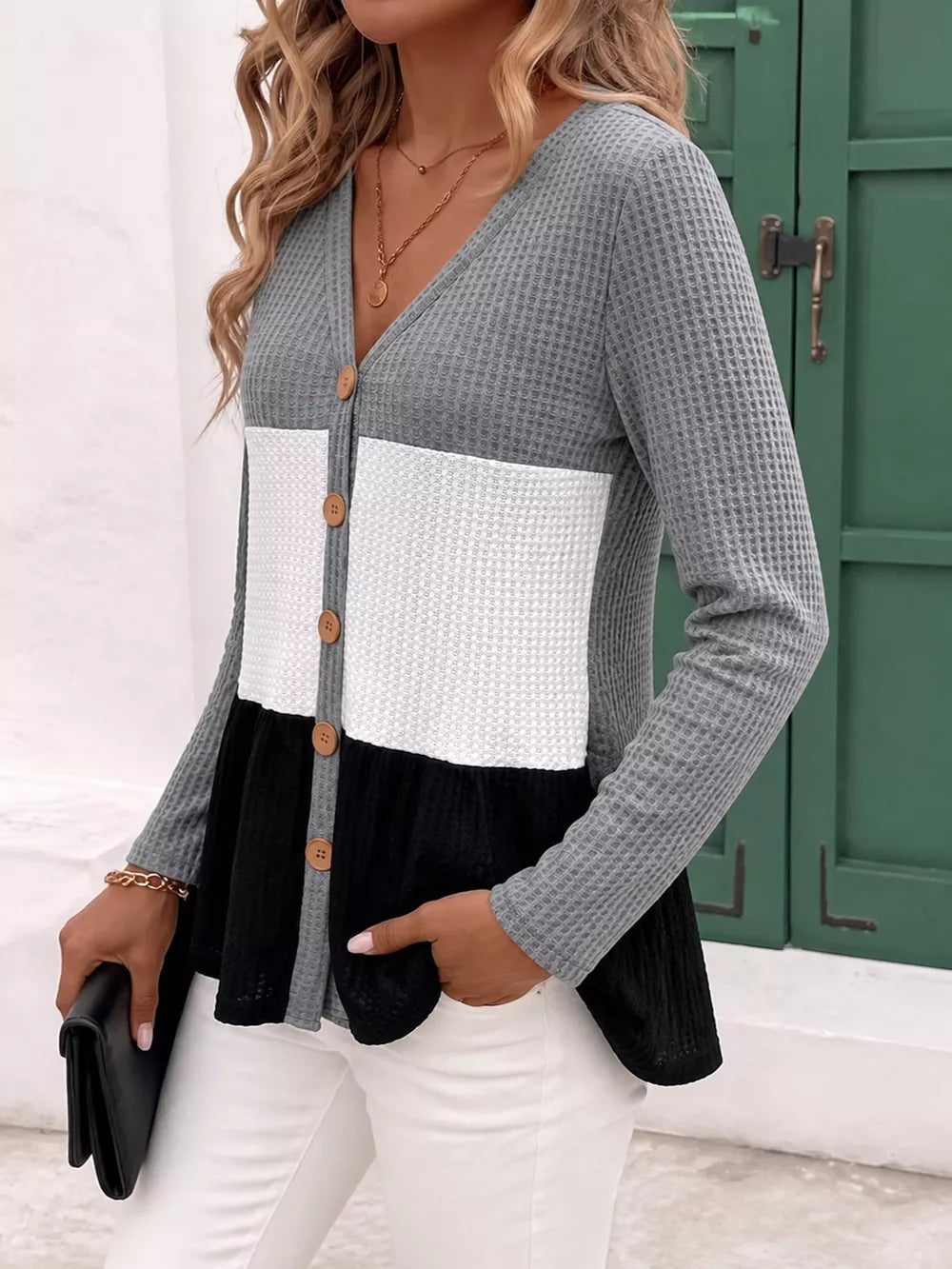 Gray cardigan with hip-length and button-front