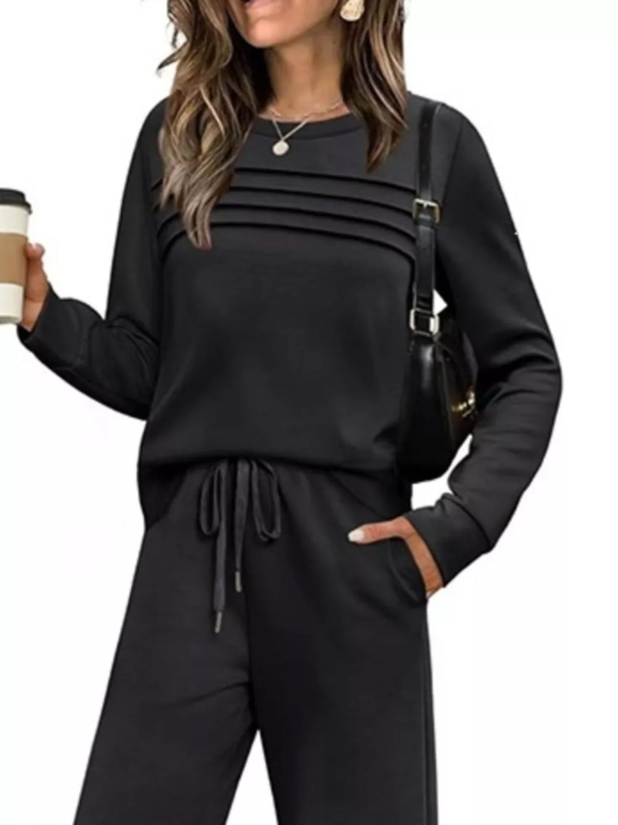 Dark Gray Casual Long Sleeve Crewneck Top & Drawstring Pants Set