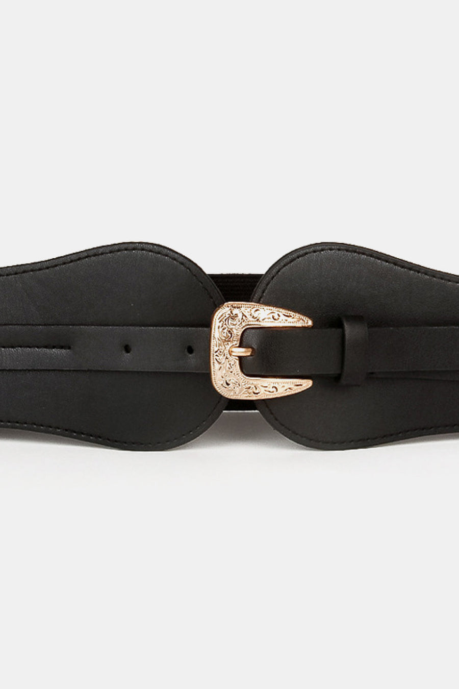 Black sculpted waistband belt with ornate gold Western buckle