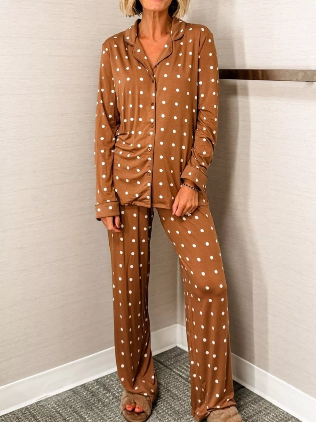 Polka dot lounge set in caramel with button detail shirt and pants.