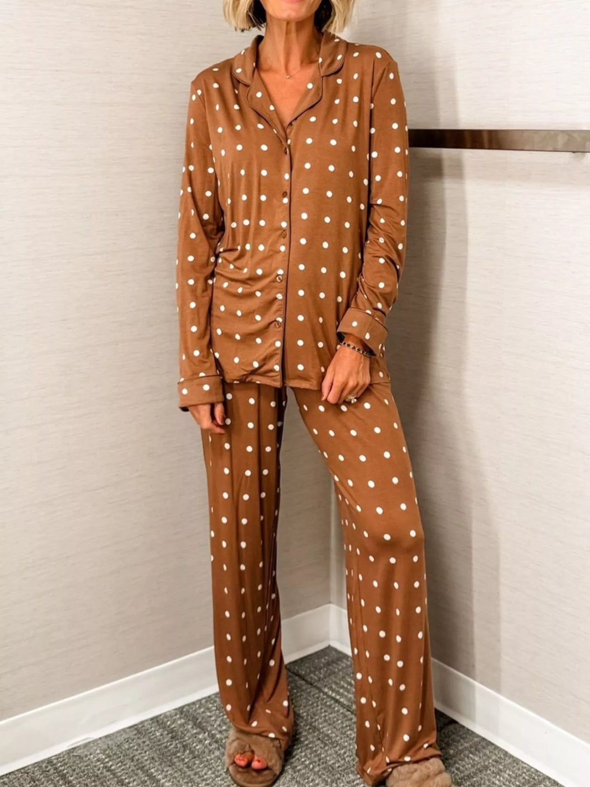 Polka dot lounge set in caramel with button detail shirt and pants.