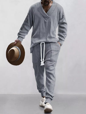 Men's Full Size Texture Knit Dropped Shoulder Set in Khaki with cable knit