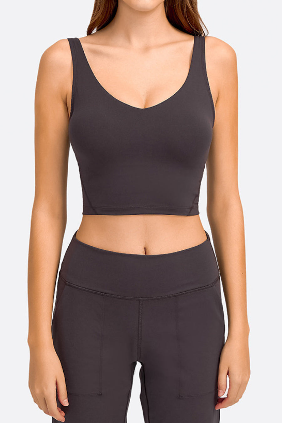 Sculpted Scoop Neck Crop Top in Gray with a seamless design and wide straps.