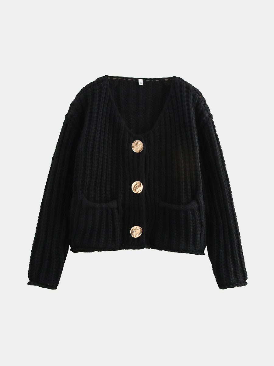 Black chunky knit cardigan with statement gold buttons and patch pockets.