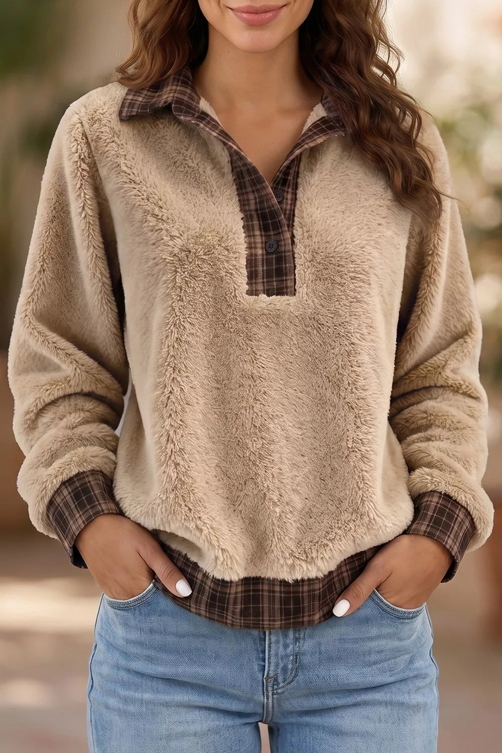 Khaki with Plaid Collar Button Front Fleece Pullover Sweatshirt