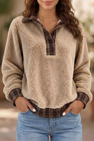 Khaki with Plaid Collar Button Front Fleece Pullover Sweatshirt
