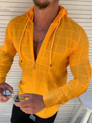 Yellow textured grid-pattern zip-front hoodie with deep plunge neckline and drawstring hood.