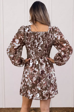 Abstract Floral Print Square Neck Mini Dress in Brown