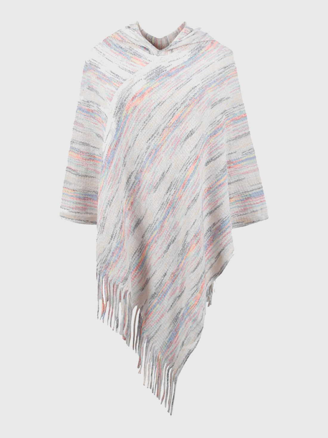Hooded mélange cape in ivory with colorful threads and fringe detail.