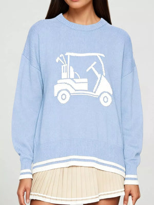 light blue pullover sweater with graphic and crew neck