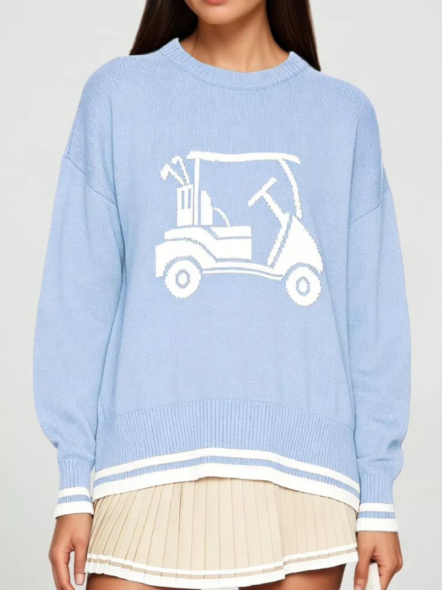 light blue pullover sweater with graphic and crew neck