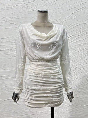 Ruched Long Sleeve Mini Dress in Off-white
