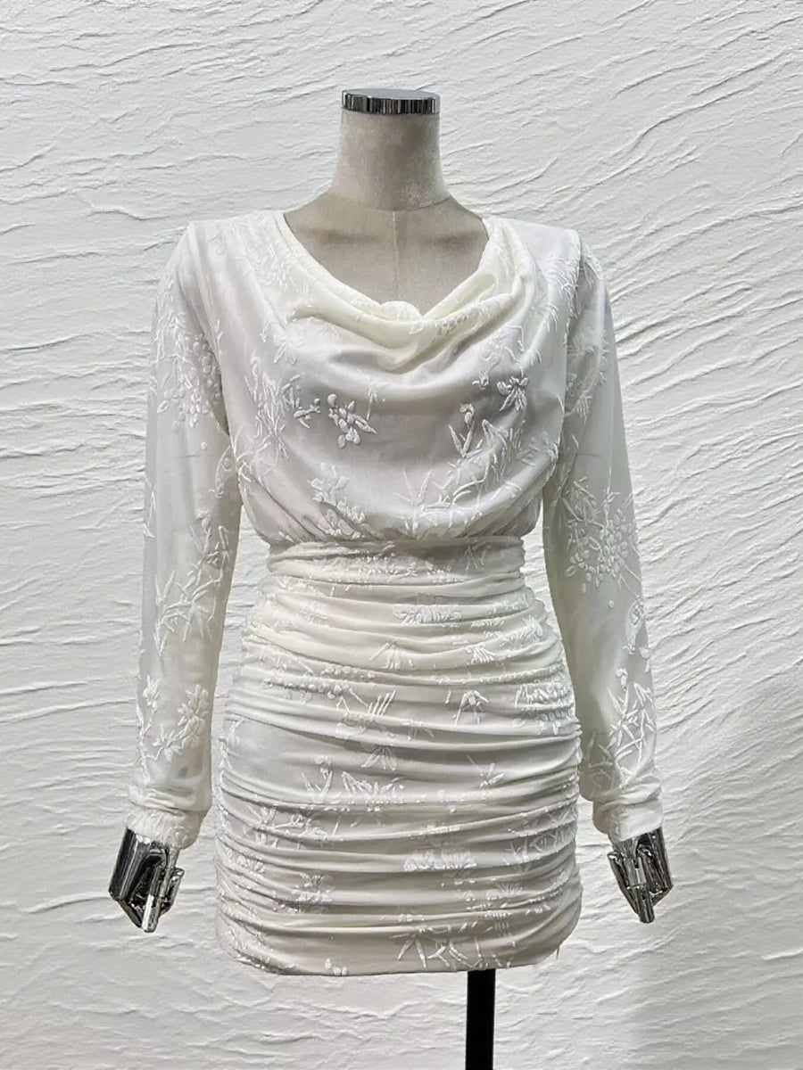 Ruched Long Sleeve Mini Dress in Off-white