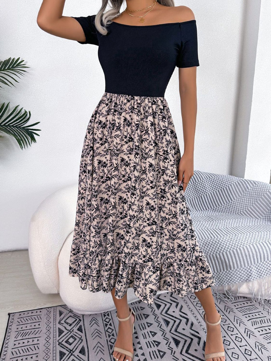 Floral print off-shoulder midi dress with black bodice and ruffled hem.