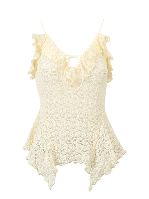 Beige lace cami top with ruffle trim and tie-front neckline.