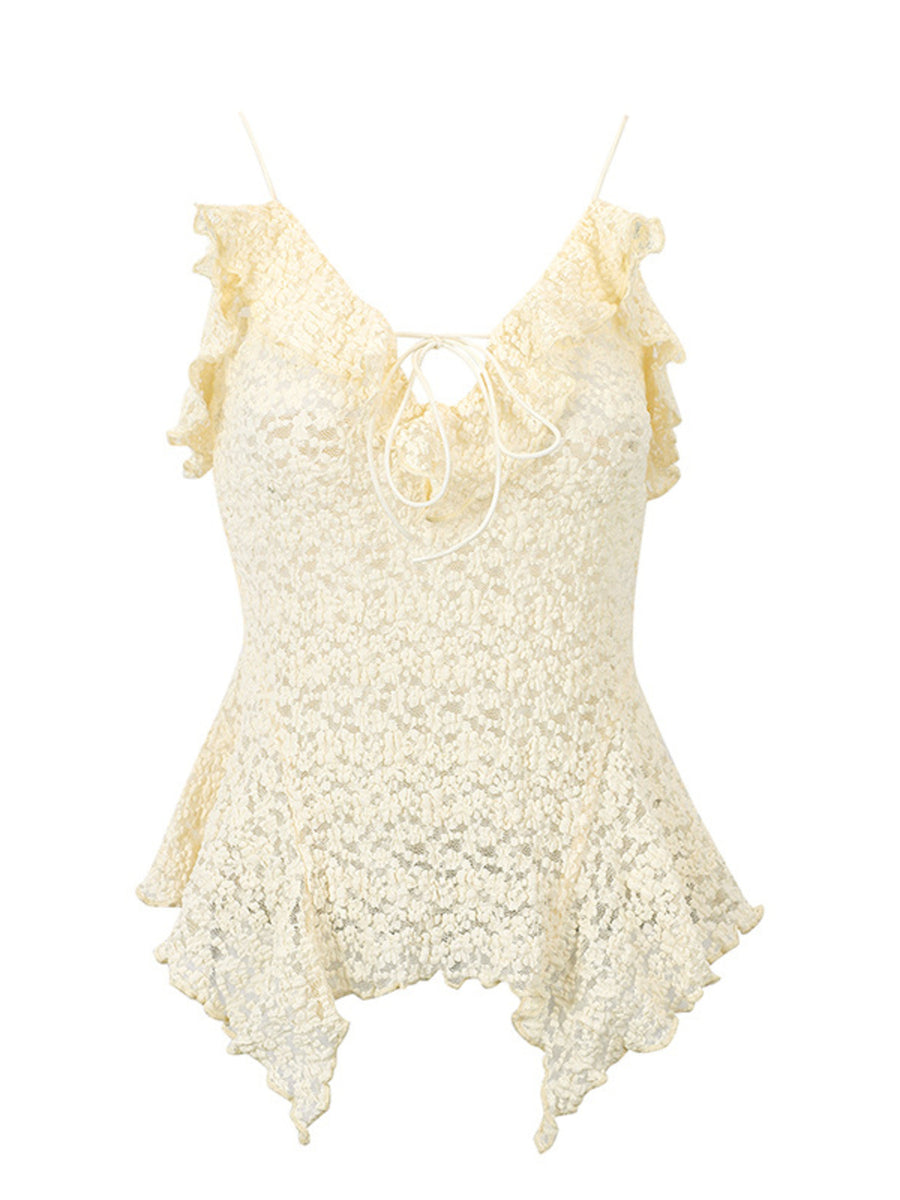 Beige lace cami top with ruffle trim and tie-front neckline.