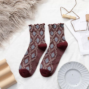 rust socks featuring ruffled cuff and argyle