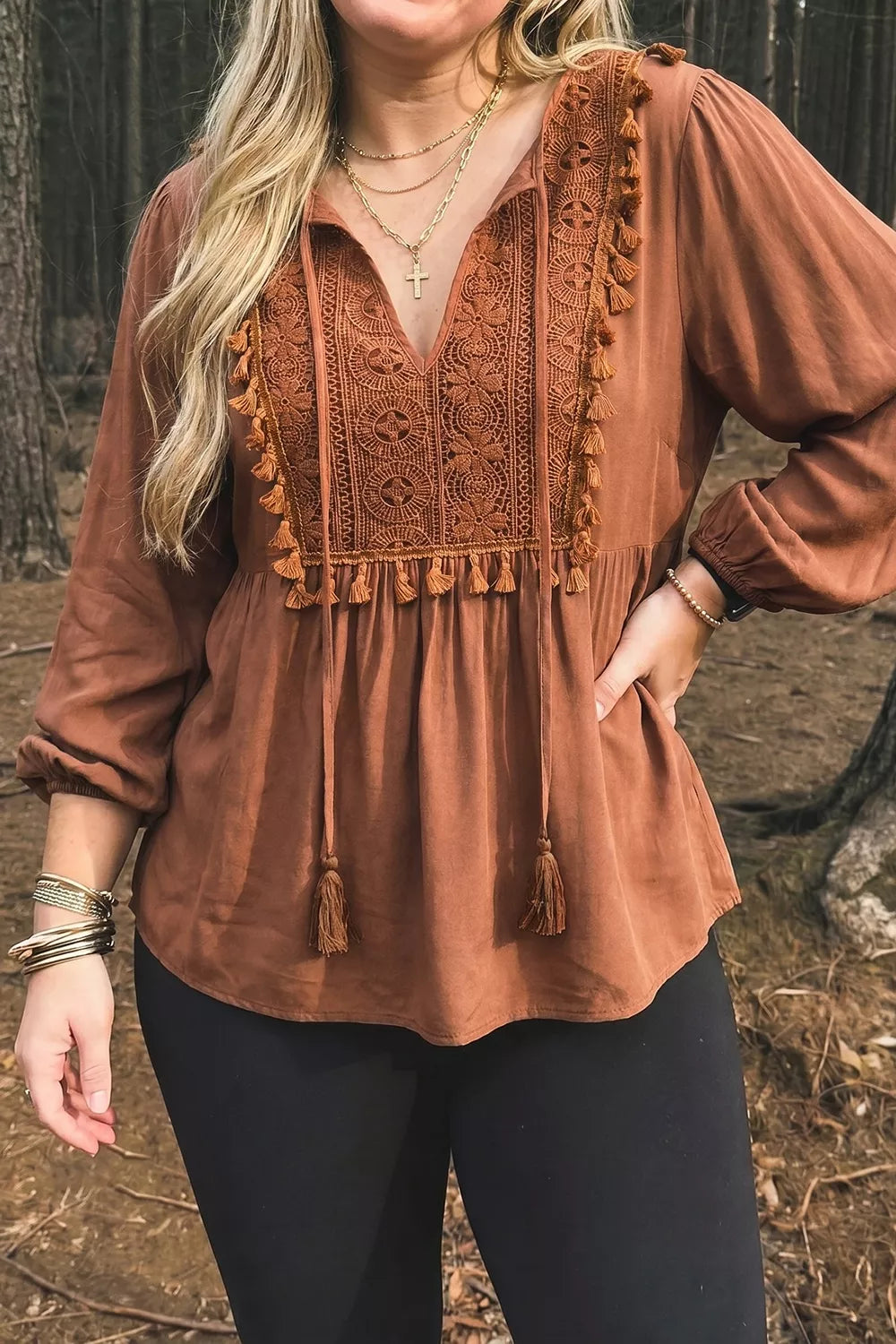 Caramel Plus Size V Neck Embroidered Tassel Blouse
