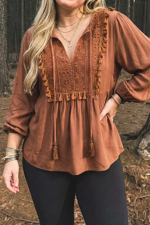 Caramel Plus Size V Neck Embroidered Tassel Blouse